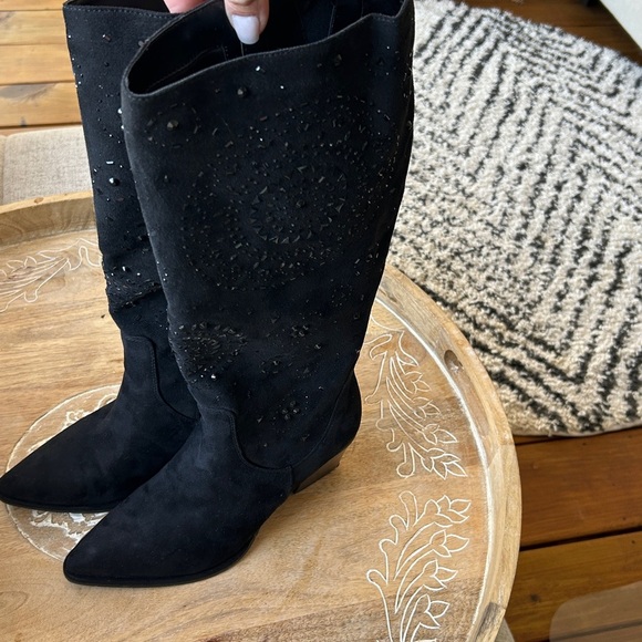 Black Suede Embellished Knee-High Boots size 10 New with Box - Picture 5 of 16